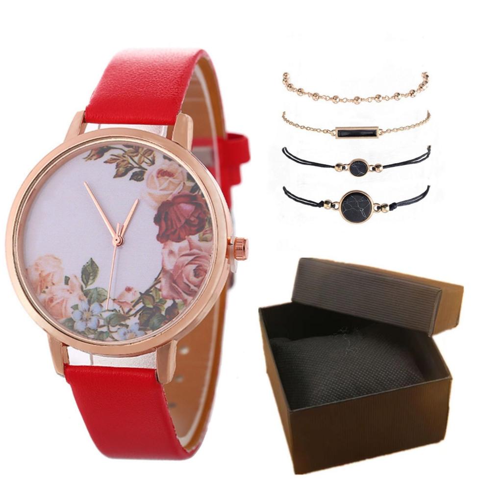 Stylish And Simple Rose Face Leather Belt Watch Female Pu Belt Quartz Lady Watch Watch Bracelet Set Female