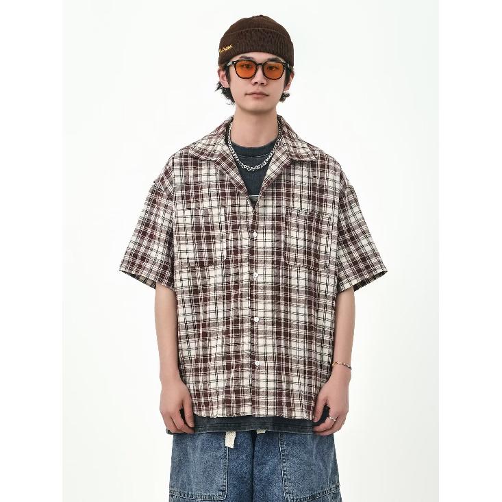 Retro Rutig Skjorta Herr Kortärmad Trendig Casual Mångsidig Skjorta Hong Kong Stil Vår Och Höst Hooligan Stil Stilren Tumsjacka