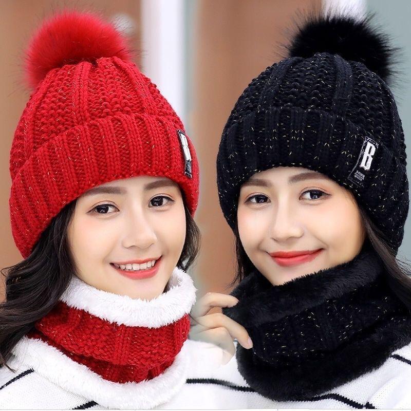Winter knitted women's hats, hairballs, plush ear protectors to keep warm, two-piece hats, scarves, letter labels, knitted wool hats