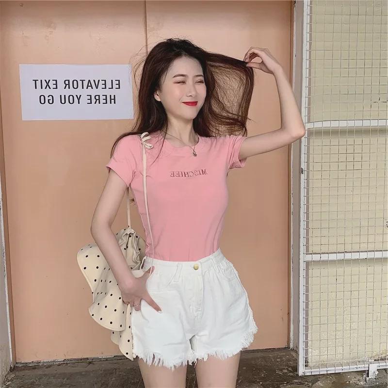 Letter Embroidered Women s Slim Fit Short-Sleeve T-Shirts - Summer 2025 Korean Fashion Extra Large