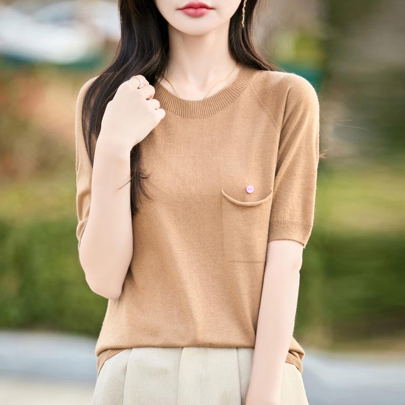 

Spring Women s Wool Knitted Short Sleeve Cardigan T-Shirt, Crew Neck. XL