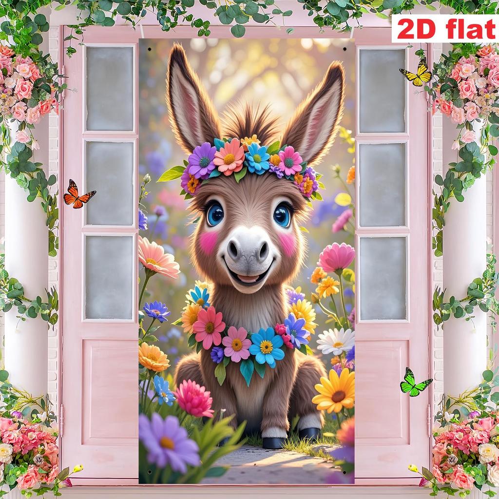 Easter Cartoon Calf Floral Door Banner - Spring Party Decoration