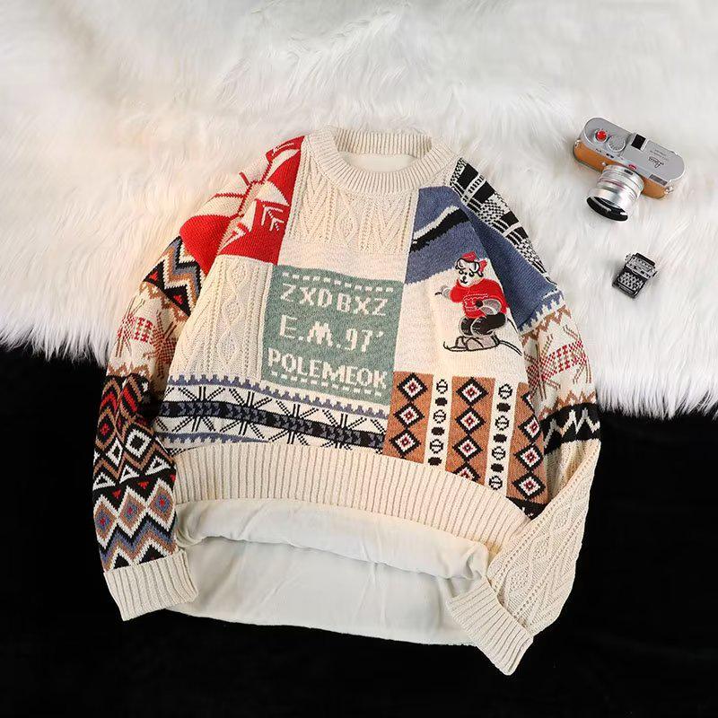Men's Winter Plus Velvet Thick Knit Hong Kong Style Christmas Sweater - Loose Trendy Design for Couples