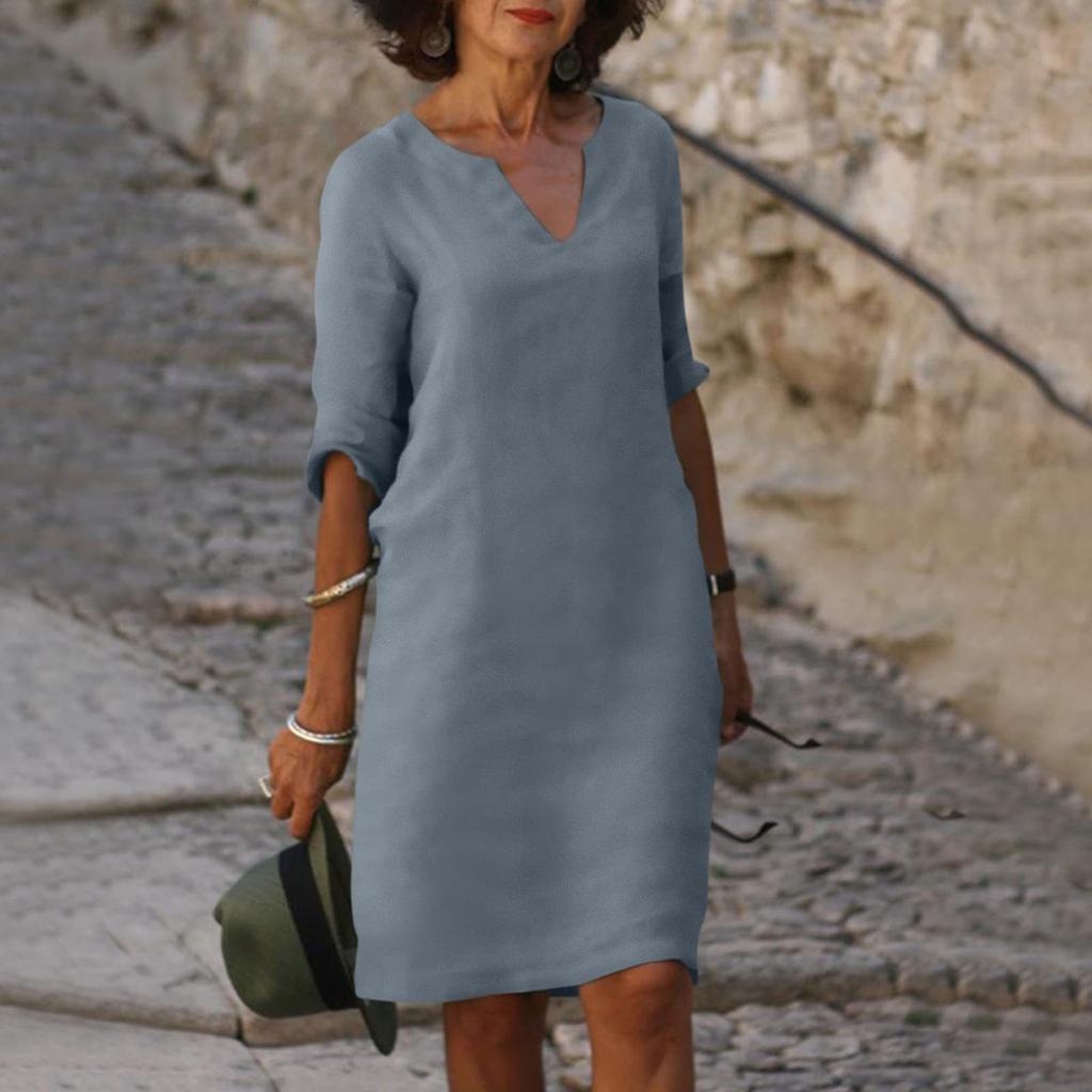 Women'S Retro Solid Color V-Neck Mid-Sleeve Tunic Dress - Easy-Care Knee-Length All-Season Comfort Non-Stretch