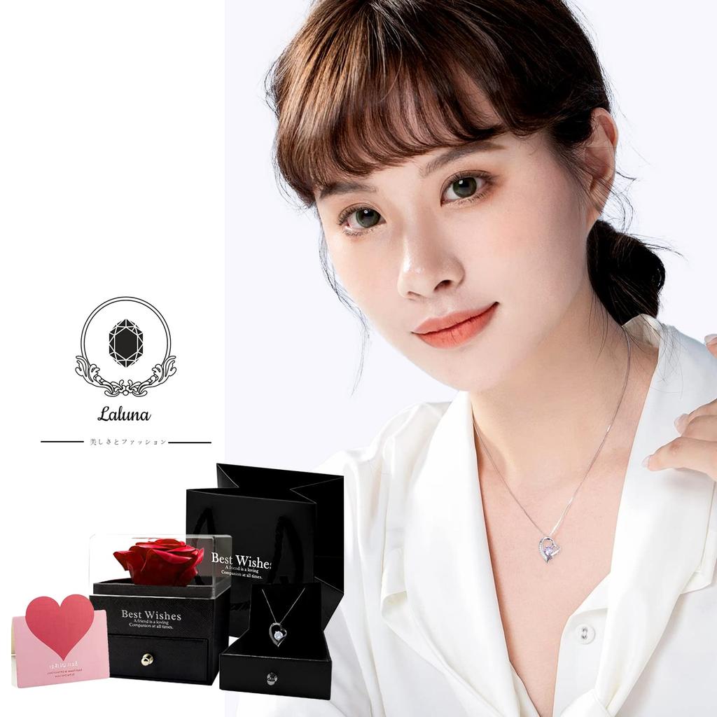 [Laluna] Popular Women's Necklace, 45cm Chain, with Storage Case (Creative Rose Gift Box), Sterling Silver 925, Hypoallergenic, Simple Zirconia Heart-