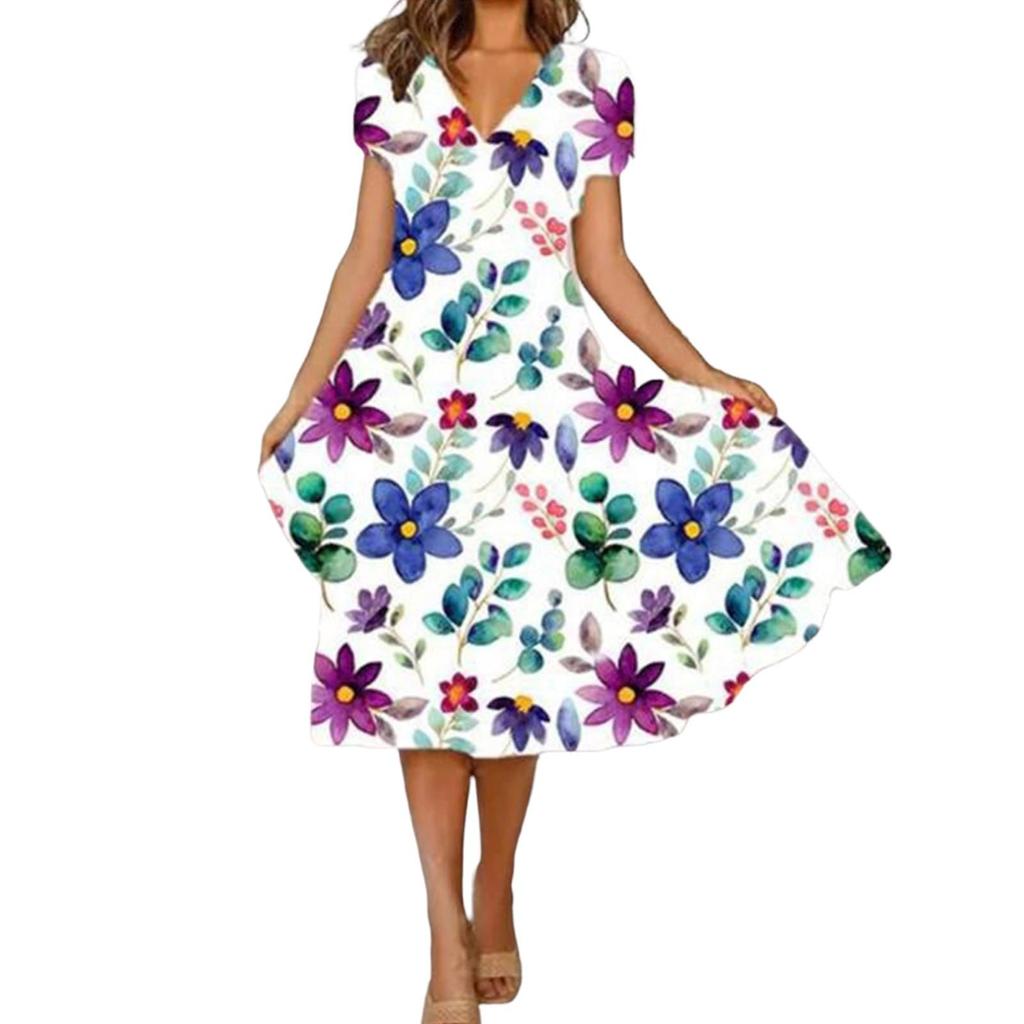 Women's Fashion A-Type V Neck Short Sleeve Floral Flower Print Loose Casual Dress