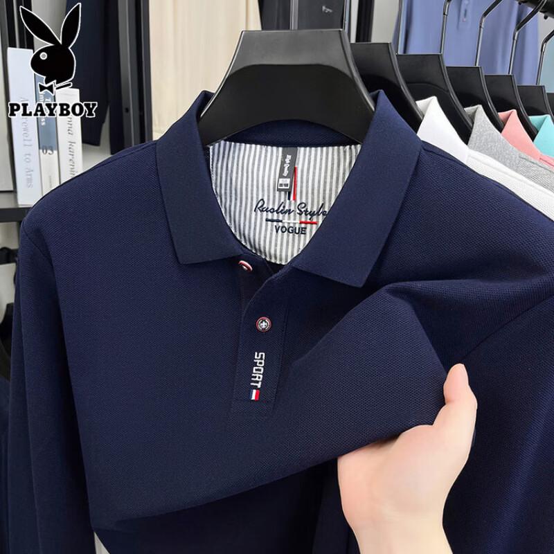 PLAYBOY Men's Long-Sleeve Pure Cotton Polo Shirt
