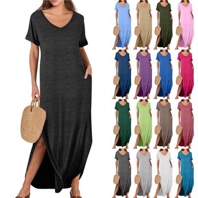 Damen Sommerkleid V-Ausschnitt Kurzarm Strandkleid Maxikleid Lang Kleider Casual Loose Fit Elegant Sommerkleid