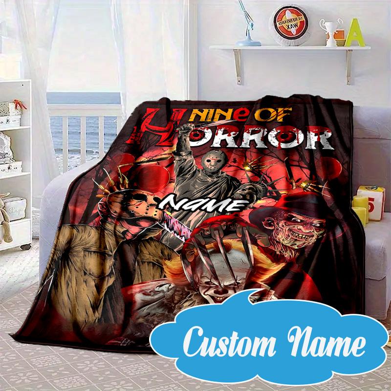 Custom Name Horror Movie Night Blanket bed sofa Blanket Flannel Blanket for Camping, Hiking, Picnic Essentials,gift for Fan family