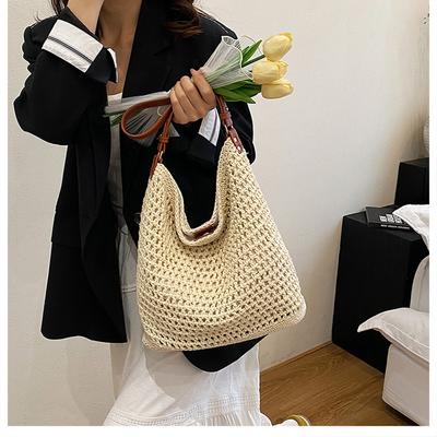 Handgewebte Strohtasche Damen große Kapazität neue Schultertasche Umhängetasche Meeresurlaub Strand Eimer Tasche