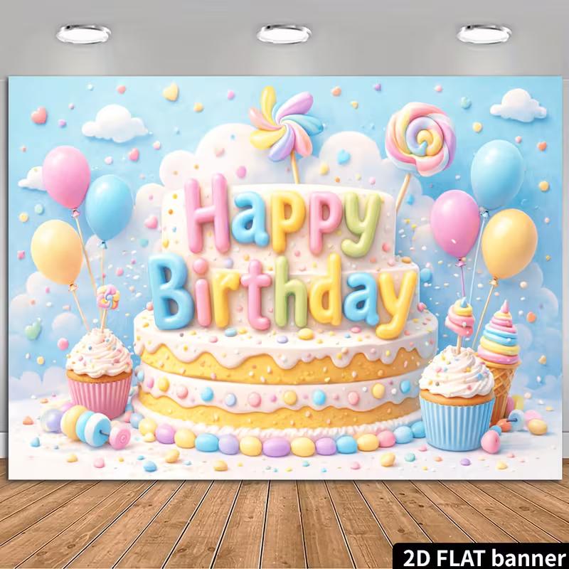 2D Happy Birthday Backdrop Pastel Cream Cake Cupcake Lollipop Balloon Cloud Photo Banner 47.2x31.5inch/120*80cm