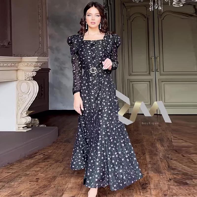 

Элегантное осеннее чайное платье с цветочным принтом и квадратным вырезом для женщин XXXL чёрный