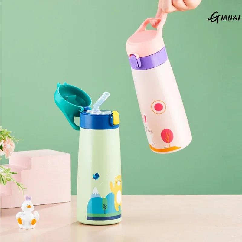 Kids Stainless Steel Straw Thermos Mug With Case Cartoon Leak-Proof Vacuum Flask Children Thermal Water Bottle Thermocup