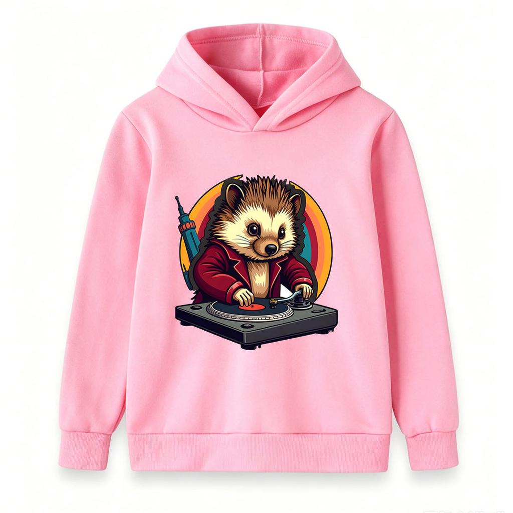 Kids Boys Girls Hoodie, Cute Hedgehog DJ Print Pullover Hooded Sweatshirt, Casual Long Sleeve Tops for Music Lovers Teen Children Daily Wear Party Gif
