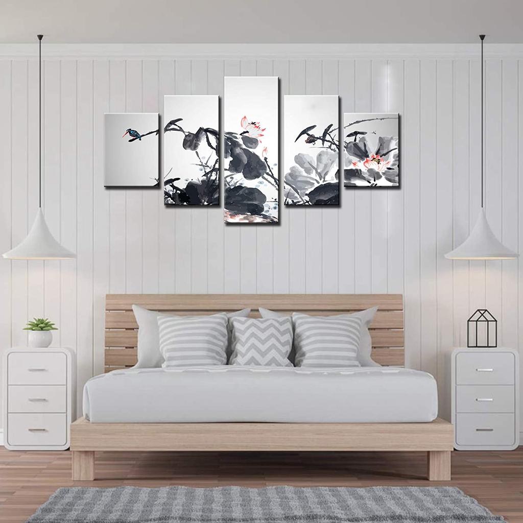 5 ks Rodinné Černobílé Obrazy Krajiny Lotosu Umělecké Obrázky v Čínském Stylu Plakát HD Tisk Bez Rámů 5 Panelů Dekorace Pokoje Plátno