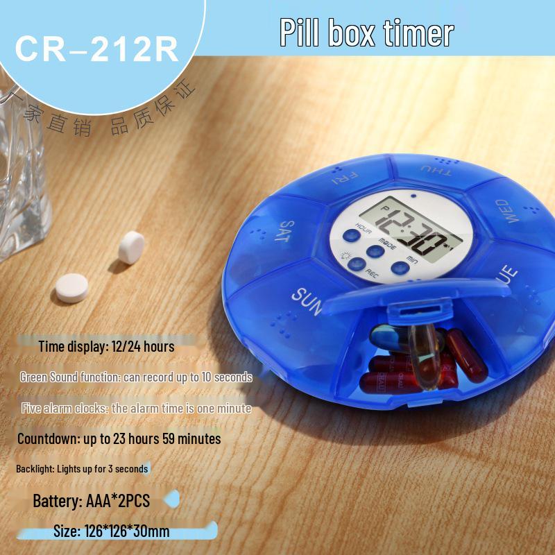 Electronic Timed Pill Box with Pre-recorded Alarm Reminder for Medication