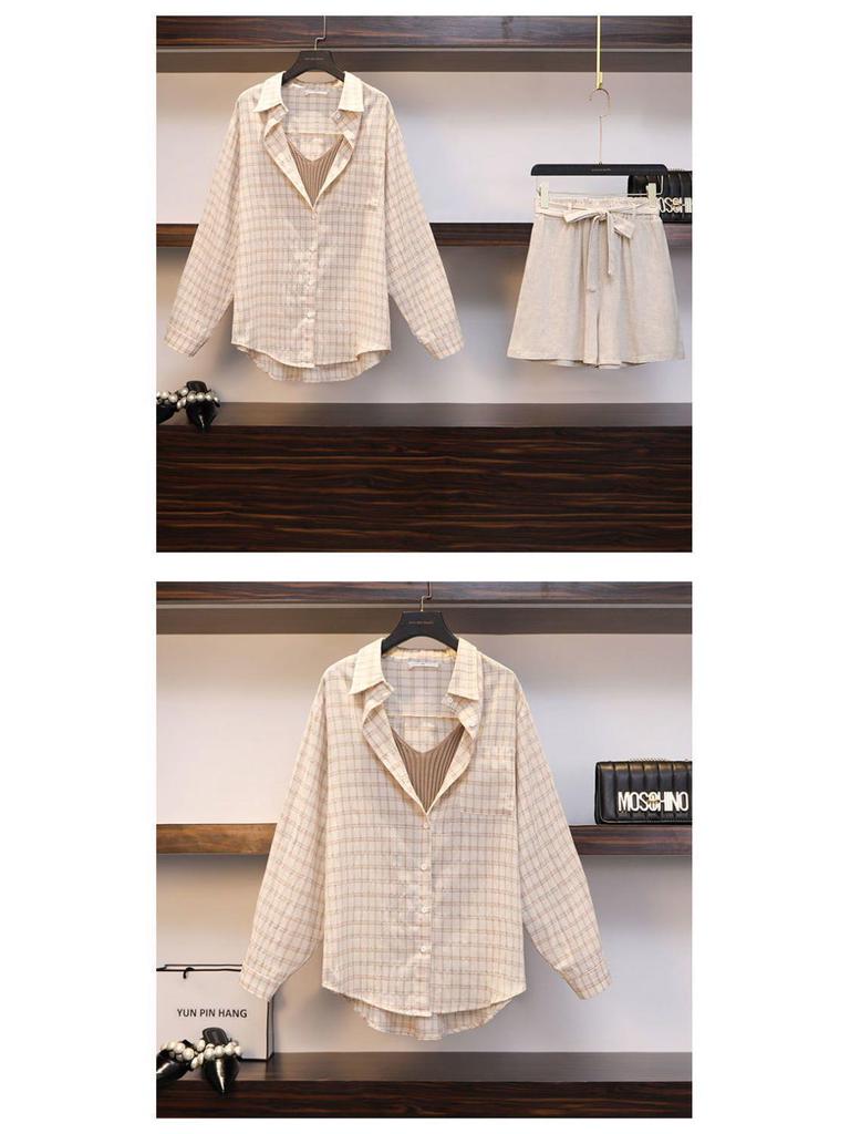 Chic Plaid Slimming Plus Size Summer Three-Piece Suit for Women