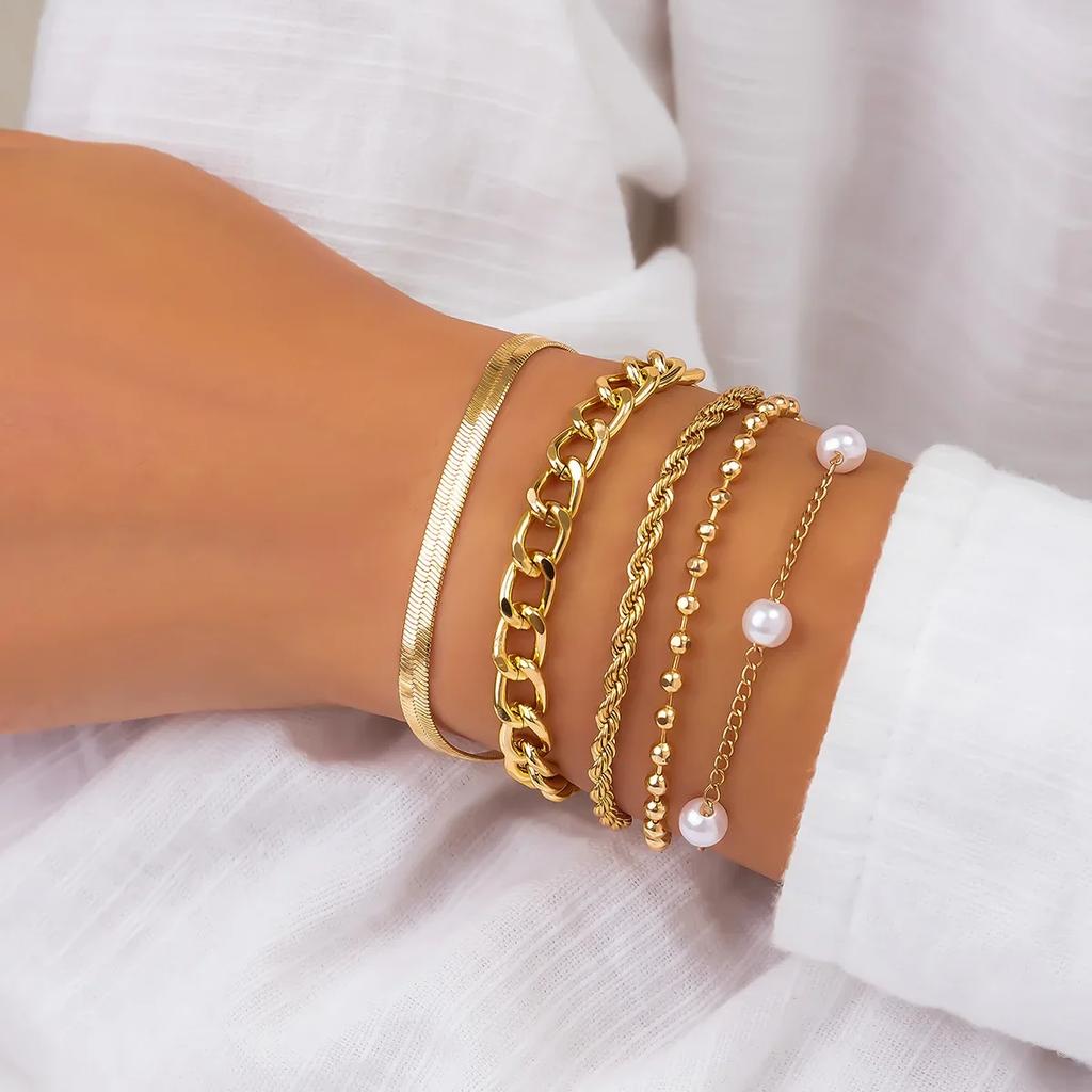 4pcs Set Luxury Imitation Pearl Chain Beaded Bracelet for Women Exquisite Charm Gold Color Stainless Steel Bangle Jewelry Set