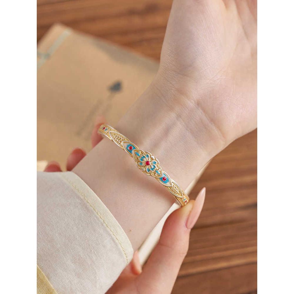 [West Wind Green] New Chinese Court Lotus Bracelet Women's Gold Enamel Light Luxury Versatile Temperament Open Bracelet