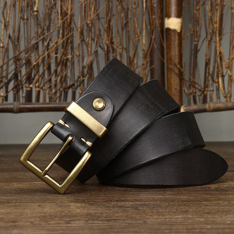 Korean Version Trendy Retro Style Belt Men'S Genuine Leather First Layer Cowhide New Copper Buckle Denim Overalls Belt Men'S