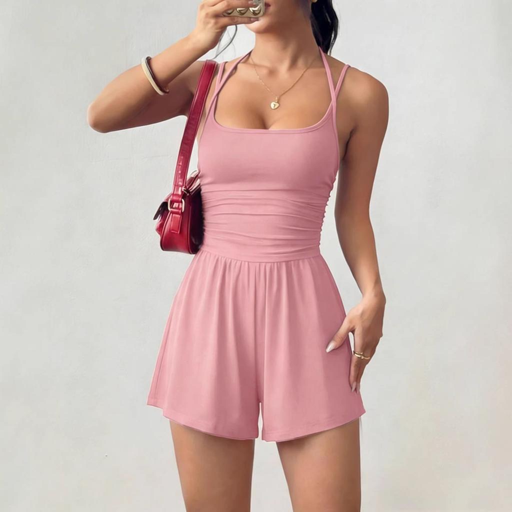 Women's Solid Color Sleeveless Halterneck Suspender Jumpsuit Pleated Waist Shorts