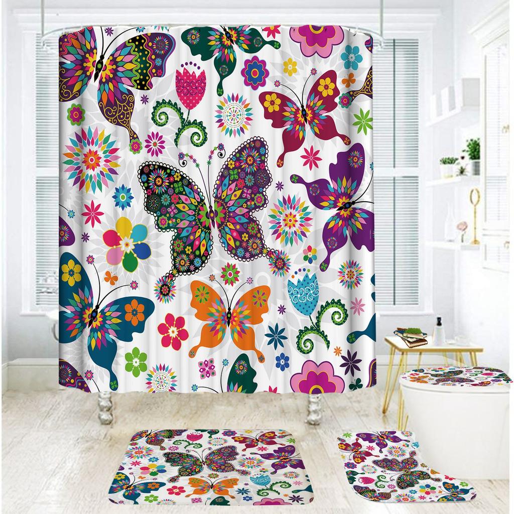 Bathroom Shower Curtain Four-piece Digital Printing Butterfly Plant Waterproof Shower Curtain Shower Curtain Partition Free of Punching