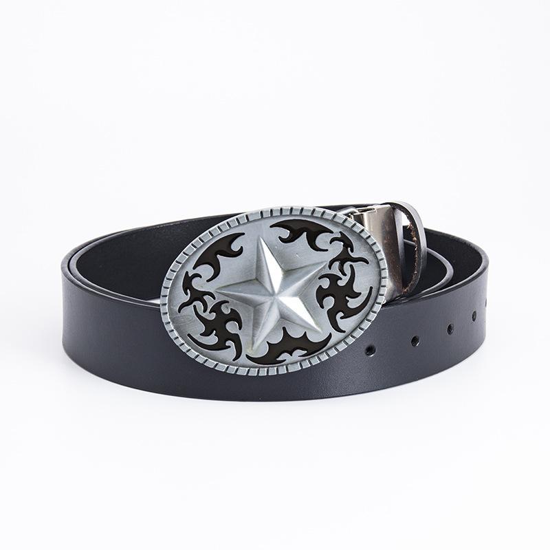 Pentagram Leather Men's Cowhide Belt Retro Smooth Buckle Wide Belt Decorative Belt