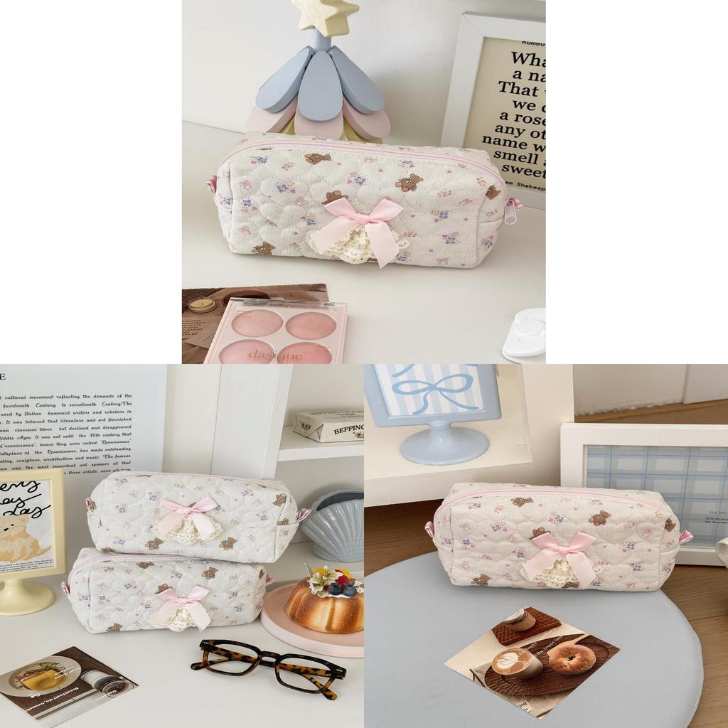 Bear Sweetheart Quilted Storage Bag With Zipper For Students And Daily Use