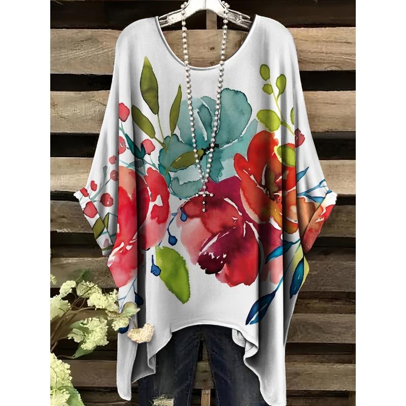 New Women's T-Shirt Vintage Floral Pattern Printed Asymmetrical Hem O-Neck Short Sleeve Top Casual Fashion Street Outdoor Tops