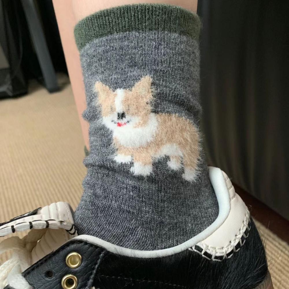 3 Par Söta Valp Fleece Strumpor Dam Höst och Vinter Tjocka Varma Mellanlånga Strumpor Parti