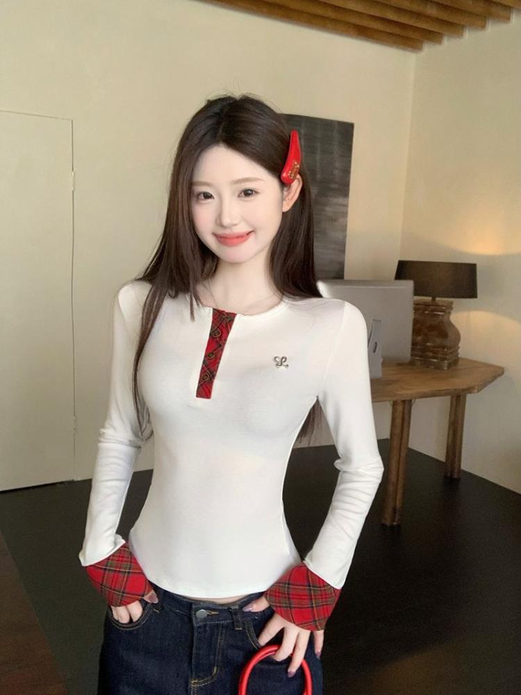 T-shirts à Carreaux de Créateur de Mode Coréen pour Femmes Automne Hiver Patchwork Manches Longues Esthétique Vintage Années 2000 Tendance Hauts Col Rond