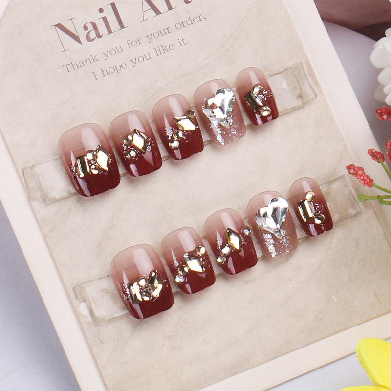 Handmade Champagne Rhinestone French Nail Art Tips - Wine Red New Year Style