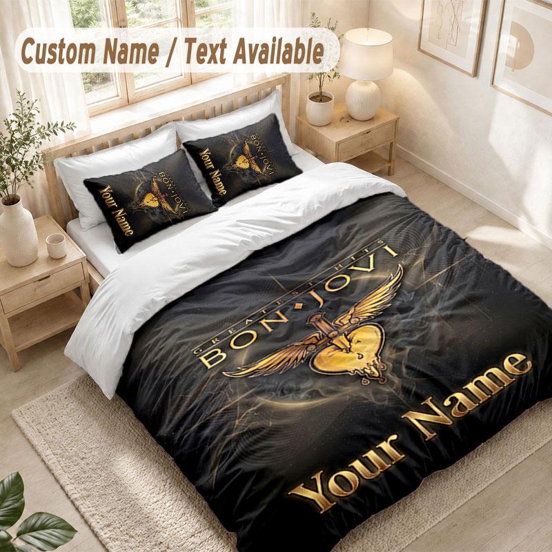 Custom Name Bedding Set 3 PiecesBon Jovi Print Duvet Cover + 2 Pillowcases Soft Bed Decor
