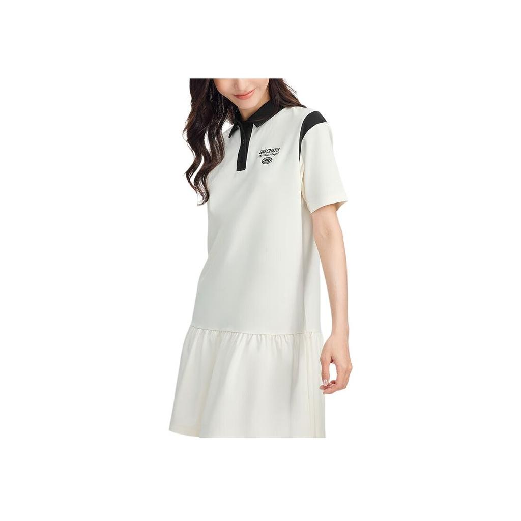 Skechers Sport Life Series Logo Letter Comfortable Polo Collar Short Sleeve Dress Women dresses Cotton-Candy-White L225W120-0074