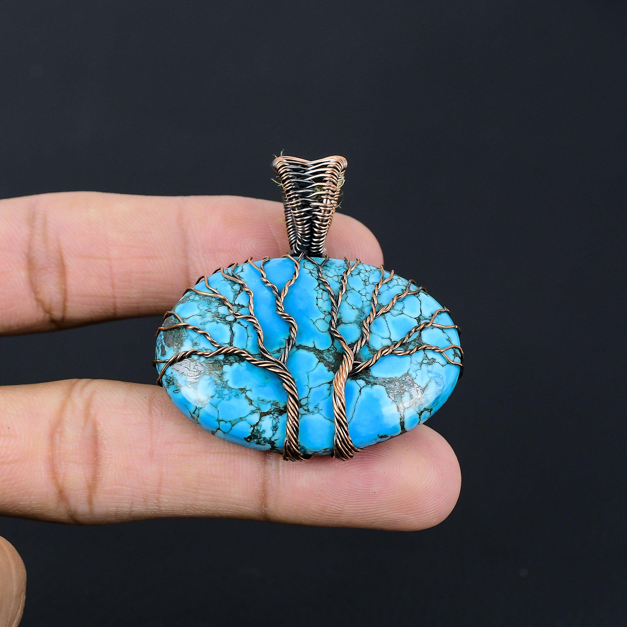 

Двойное Древо Жизни с бирюзовым драгоценным камнем ручной работы из чистой медной проволоки, завернутое в замечательный ювелирный кулон 2.40 Inches синий