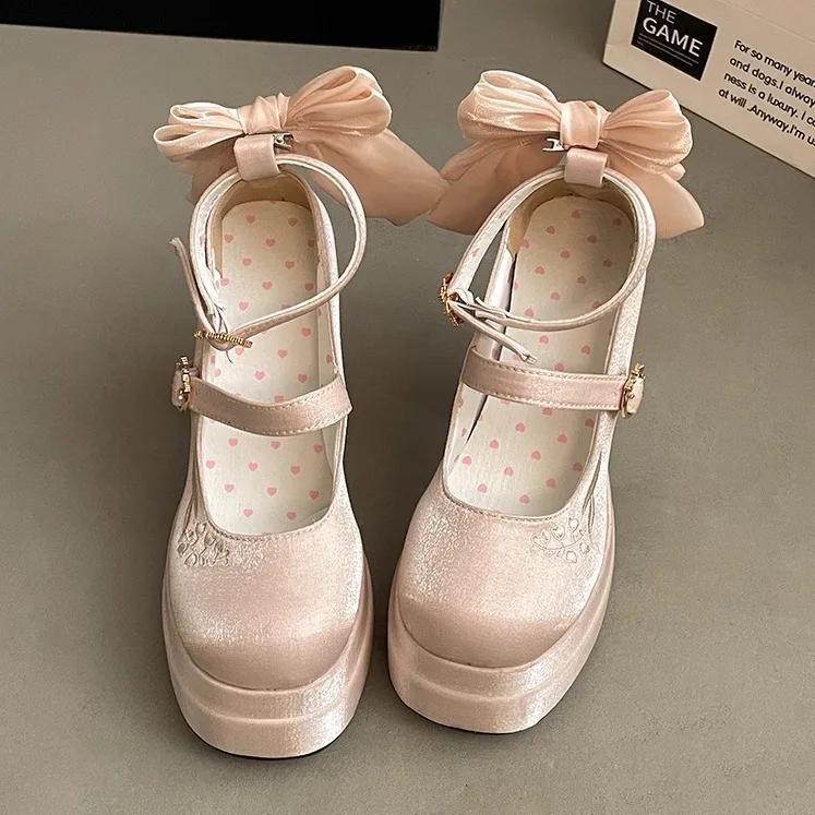 Women High Heel Shoes Lolita Pumps Fashion Spring Autumn Ladies Outdoor Retro Bow Mary Jane French Elegant 6-8cm High Heels
