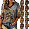 Women's Casual Halloween Print V-Neck T-Shirt
