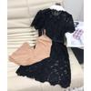 Summer Women Lace Hollow Out Peter Pan Collar Single-breasted Party Dresses Short Sleeve Female Robes with Belts
