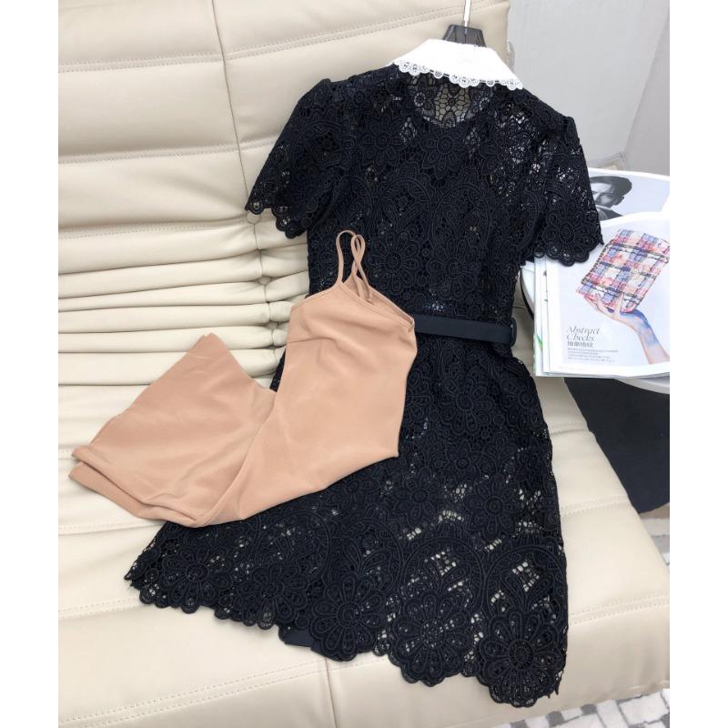 Summer Women Lace Hollow Out Peter Pan Collar Single-breasted Party Dresses Short Sleeve Female Robes with Belts