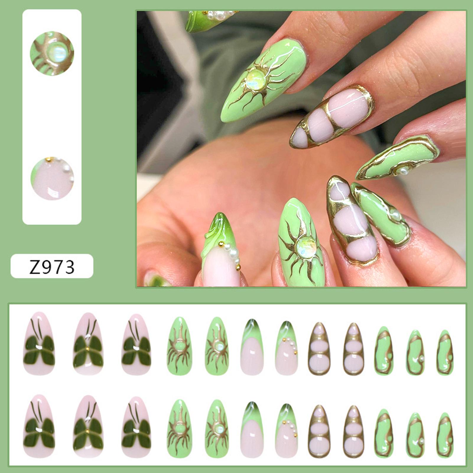 Z973 Emerald Green Butterfly Fake Nails with Gold Green Rhinestones 24Pcs A зелёный
