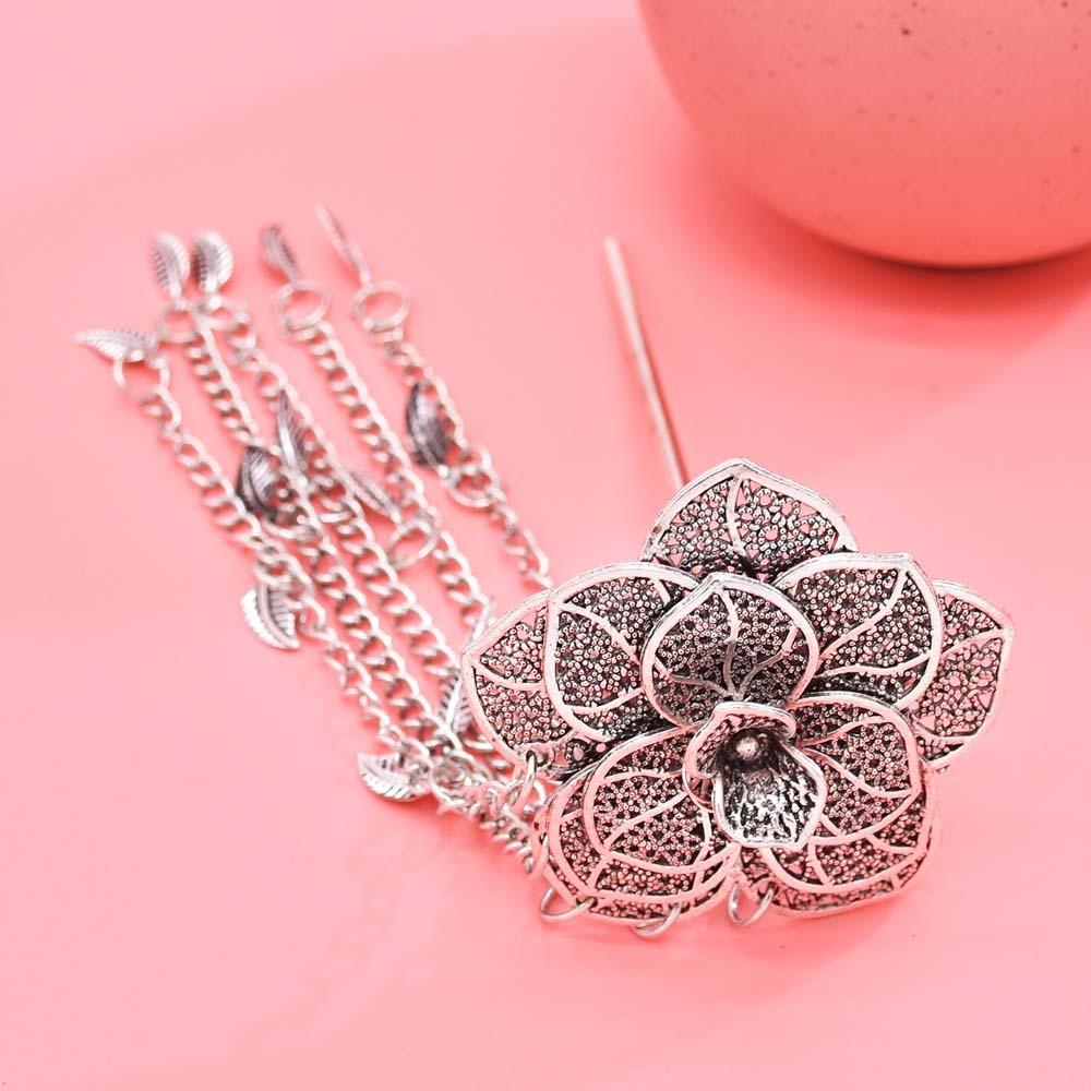 Rhinestone Thai Metal Flower Hair Fork Ancient Silver Rose Hair Sticks  Wedding