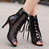 Summer Women's High Top Dance Shoes Black Ballroom Boots Salsa Tango Shoes Girl Fashion Party Mesh Cutout High Heel Sandals