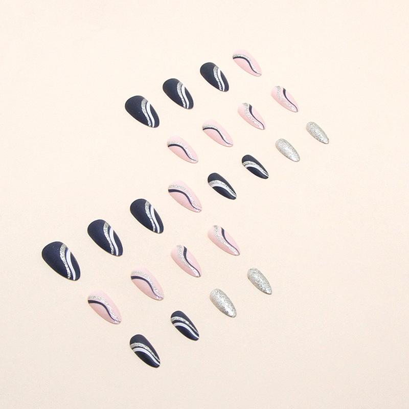 European and American ins style almond nail shiny ribbon stripes dark indigo white fake nail finished product