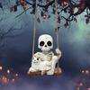Skeleton And Ghost Cat Figurine Halloween Swing Skeleton Ornament Gothic Hanging Decoration for Car Rearview Mirror Home Halloween Party Decor