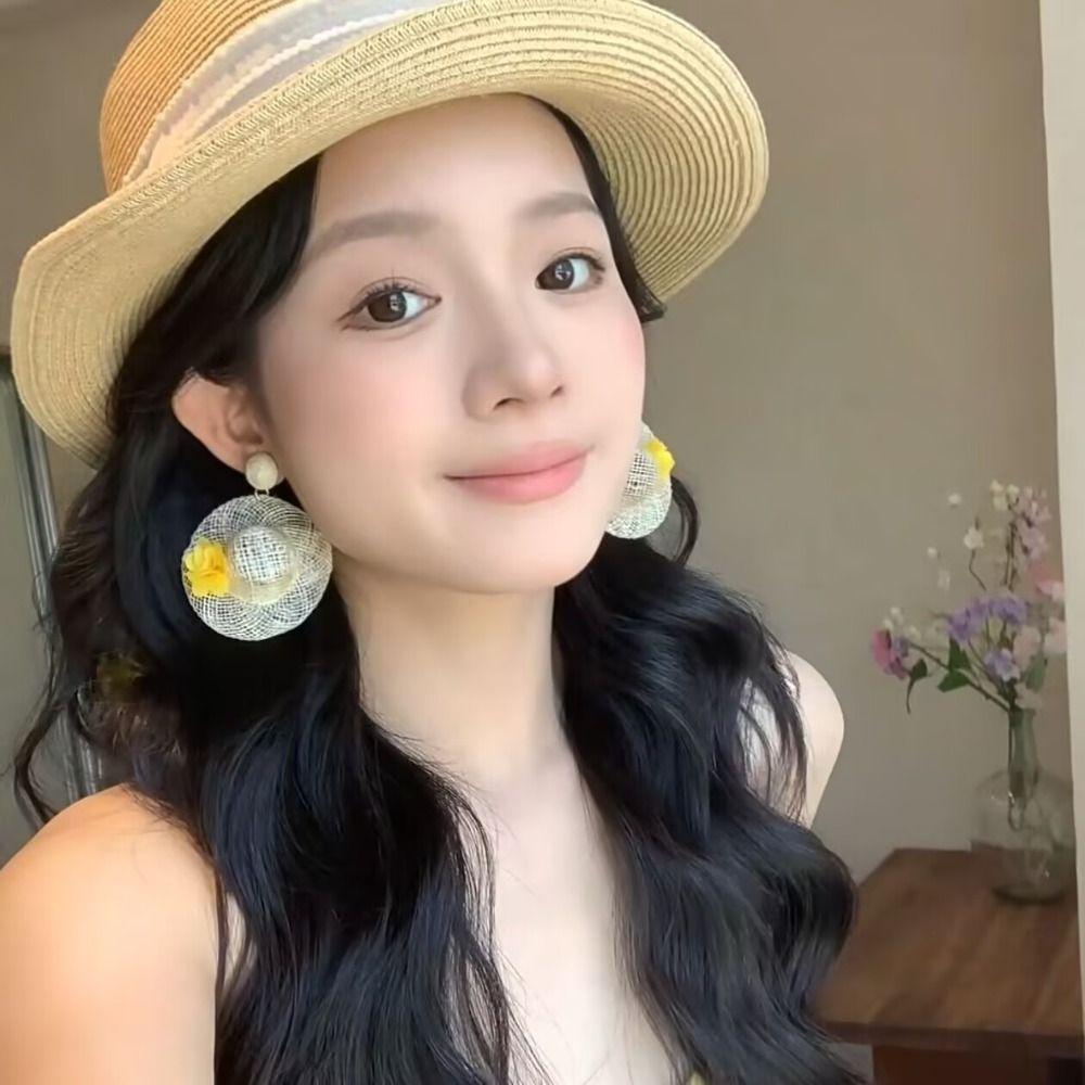 Beach Jewelry Rattan Weave Earrings Flower Straw Hat Earring Sweet Lafite Grass Hat Earrings Women