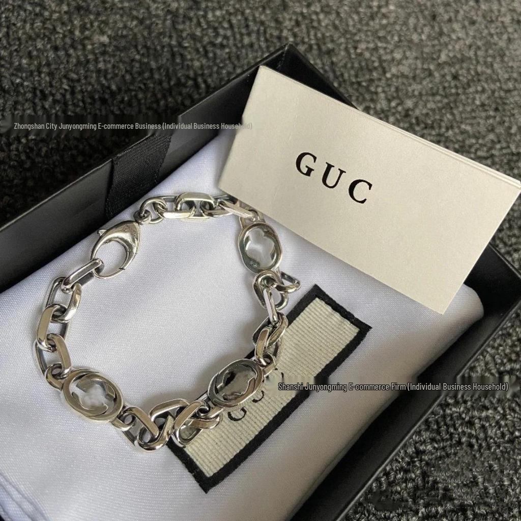 Vintage White Gold Double G Interlocking Bracelet - Women’s Fashionable Cuban Chain Bangle