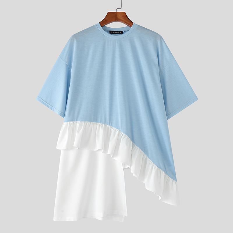INCERUN S-XXXXXL Men O Neck Short Sleeve Patchwork Ruffled Hem Loose T-shirts