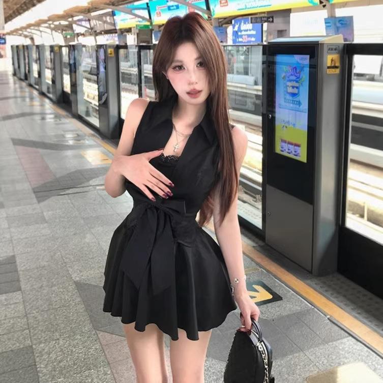 Pure Desire Style Black Spice Girl Bow Lace Sleeveless Dress Women's Summer New Waist and Thin Short Skirt