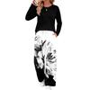 Women's Casual Pajama Set with Pockets Long Sleeve Printed Round Neck Loose Fit Loungewear