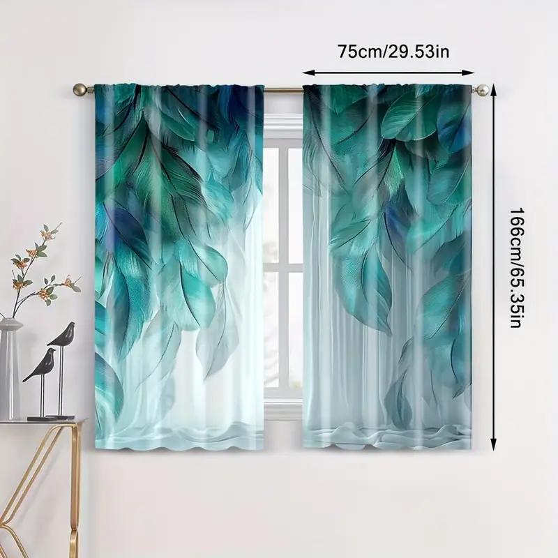 2pcs Gradient Teal Feather Printed Curtains, Designed for Light Filtering, Quality Material, Ideal for Daily Home Window Decorat